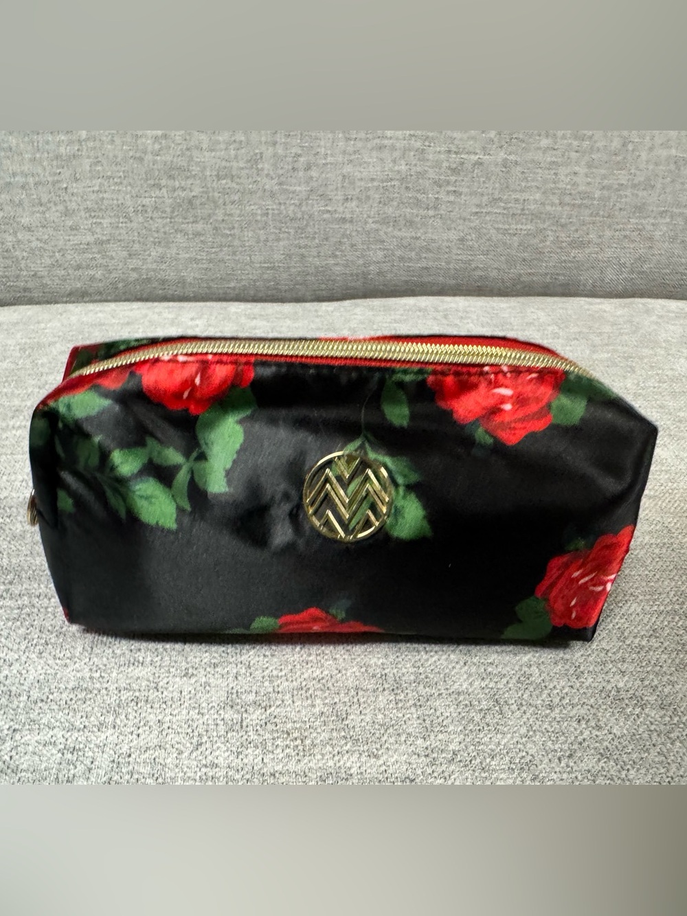 Floral Black and Red Cosmetic Pouch with Gold Accent
